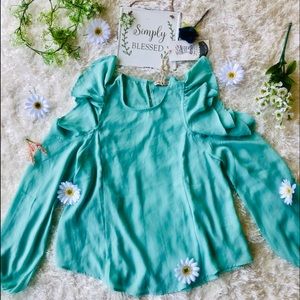 ALYTHEA AQUA RUFFLED LONG BELL SLEEVED BLOUSE